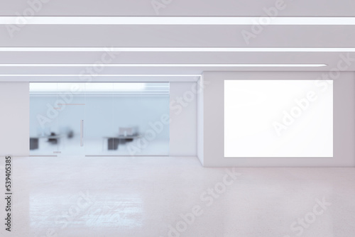 Modern white glass office interior with empty white mock up poster on empty concrete wall. 3D Rendering.
