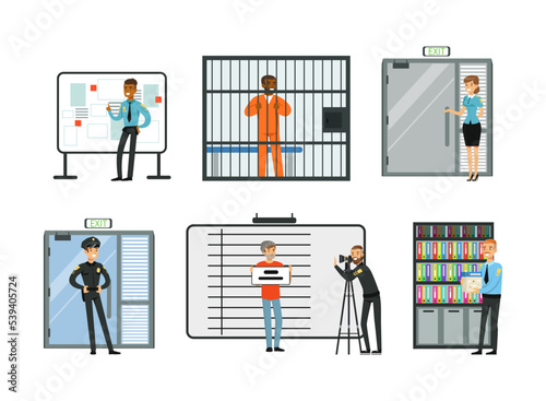 Man and Woman Police Officer Working in Department with Arrested Criminal Vector Set