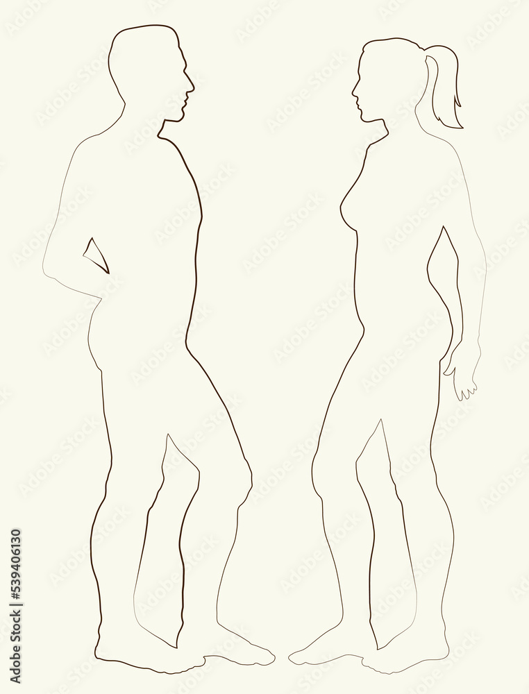 Fototapeta premium Male and female stands sideways. Vector drawing