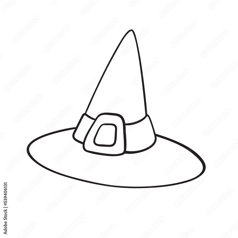 Isolated vector illustration of witch hat. Cute thin line icon for design, cover etc.