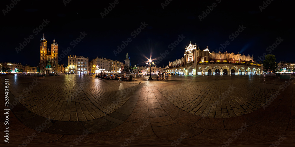 night full 360 panorama on main market square in center of old town with historical buildings, temples and town hall with a lot of tourists in equirectangular projection