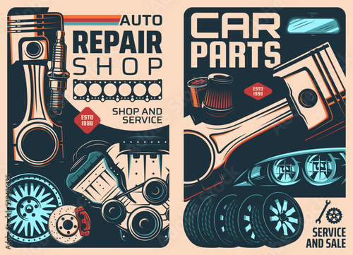 Spare parts and car service retro posters. Car maintenance shop flyer or poster, auto spare parts store, repair workshop vector banner with engine piston, tire and disc brake, spark plug, headlight