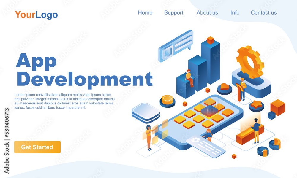 App development isometric landing page template. Creation of mobile application 3d concept. Developers create program, mobile app interface, working on software. Illustration in flat design - obrazy, fototapety, plakaty 