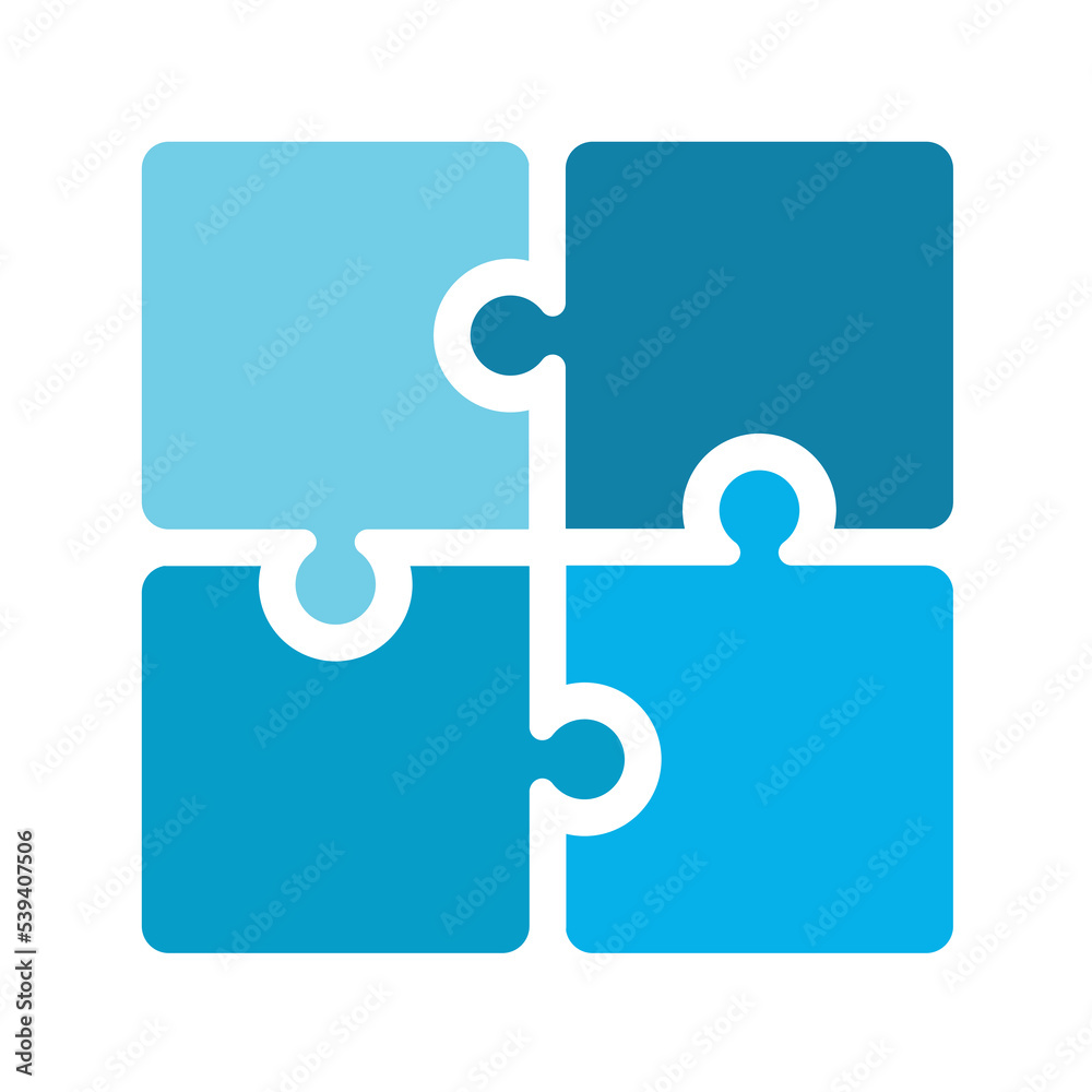 Obraz premium Trending flat corporate blue puzzle icon. Four blue puzzles explaining the concept of solution and strategy