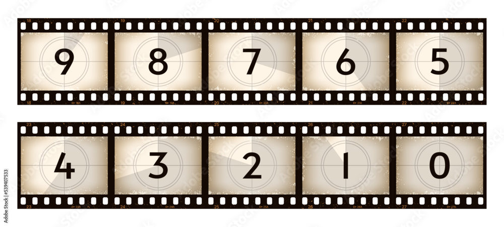 Movie countdown old grunge film strip. Animation start timer retro background, movie countdown negative tape frame vector sequence. Vintage video clip time count down film strip