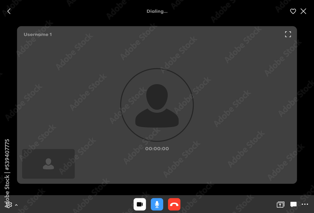 Videocall interface. Internet video conference application interface frame, videocall program display vector overlay or remote meeting app screen, window layout with icons and avatar symbol - obrazy, fototapety, plakaty 