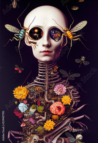 female surrealistic portrait with insects and bones