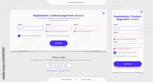 Registration / contact page form banner. Popup form. Enter code. Verification code. Web design template. Desktop and mobile.