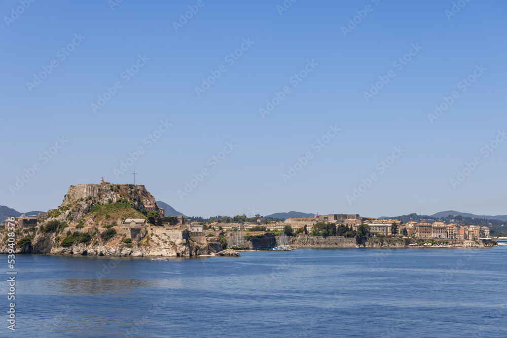 Huge Old Fortress stands as «guard» of Corfu town and island since the 6th century, when the Corfiots built it with Palaiopoli ruins, ancient city was destroyed by raids, Ionian islands, Greece