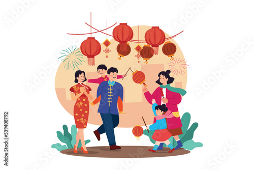 The family goes to the spring festival.