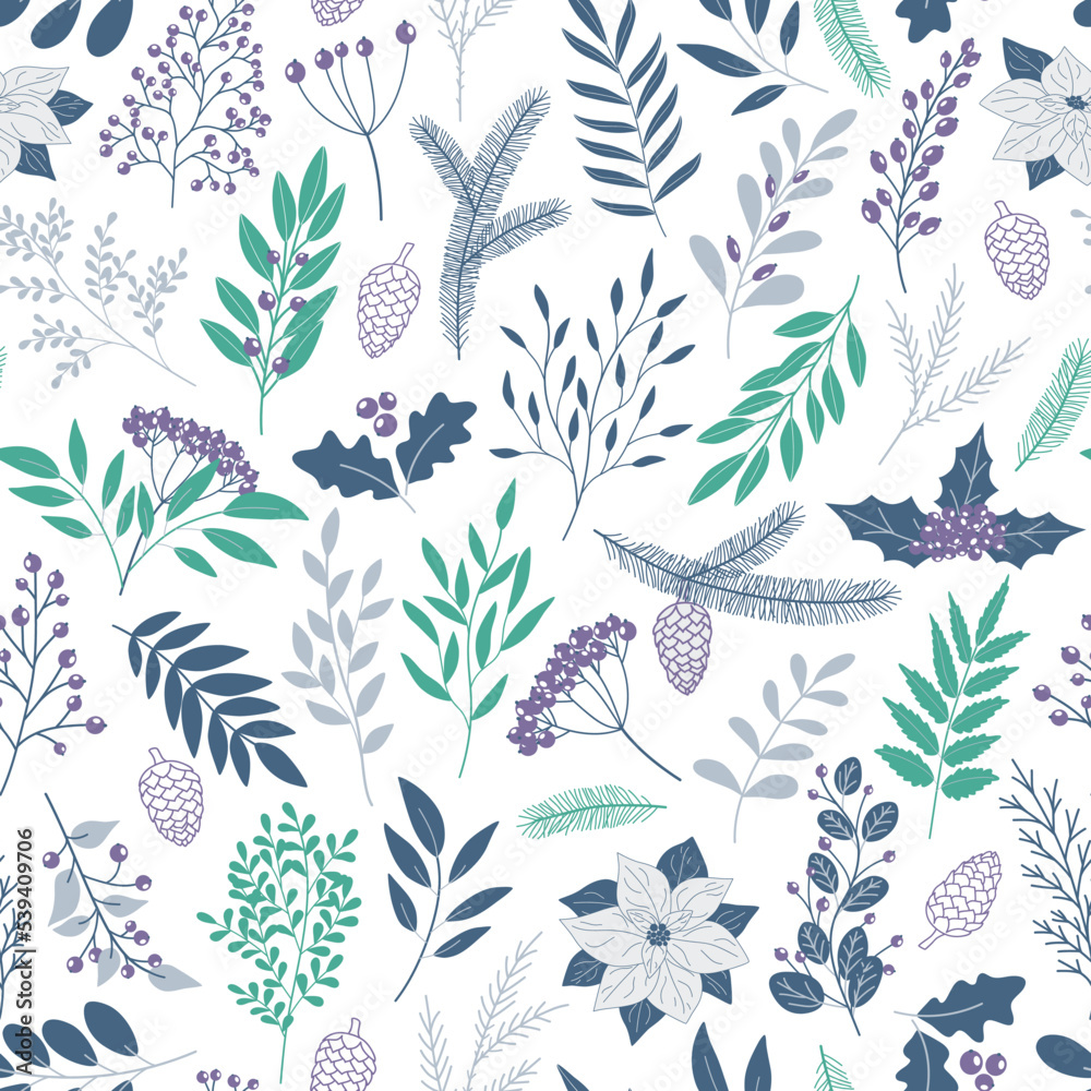 Fototapeta premium Hand drawn seamless pattern of poinsettia, leaves, branches, berries, holly. Winter floral cozy collection. Christmas decorative illustration for greeting card, wallpaper, wrapping paper, fabric