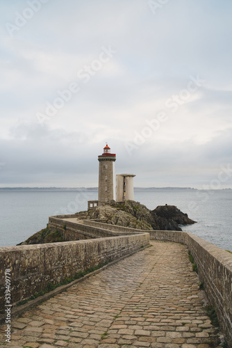 Vertical view of the lighthouse Phare du petit minou in Plouzane, Brittany, France.