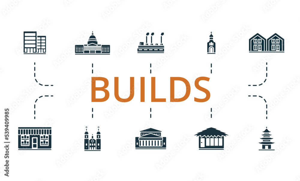 Builds icon set. Monochrome simple Builds icon collection. Office, Government, Factory, Church, Townhouse, Shop, Synagogue, Theater, Bungalow, Pagoda icon