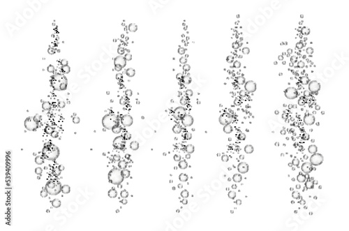 Fizzy air bubbles in water. Effervescent soda drink bubbles. Beverage, soluble aspirin gas realistic sparkles, champagne air vector bubbles. Carbonated effervescent drink, aquarium oxygen fizz