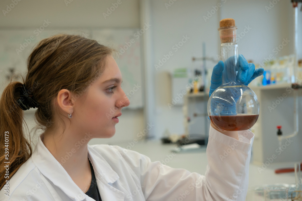 young girl - scientist student are working in laboratory young girl - scientist student are working in laboratory