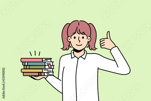 Girl holds pile of paper books, shows thumb up. Schoolgirl with textbooks loves to read, bookworm demonstrate like hand gesture. Student passed exam successfully. Vector outline coloured illustration.