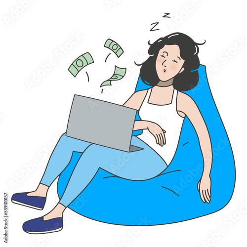 Illustration the girl sleeps while earning on freelance