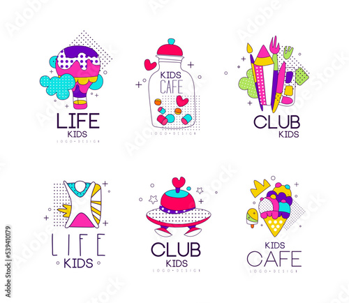 Kids Land Playground and Entertainment Club Area Colorful Promo Signs Vector Set