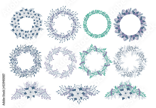 Christmas hand drawn wreath with poinsettia, leaves, branches, berries, holly, pine cone. Winter floral cozy collection. Vector frames and arrangement. Happy New Year illustration isolated on a white