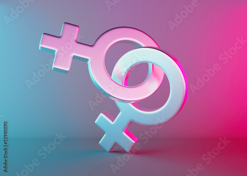 Two female sex symbols with neon light. Venus symbol for women. Gender sign. Love, LGBT community. Lesbians couple, relationship. Diversity, homosexuality, equal marriage. 3D rendering.