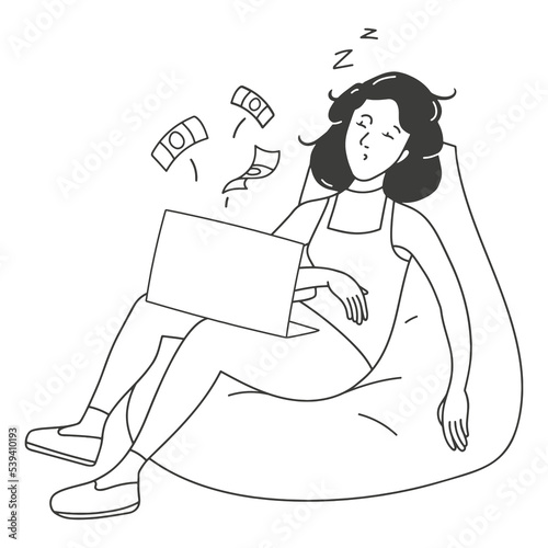 contour Illustration the girl sleeps while earning on freelance