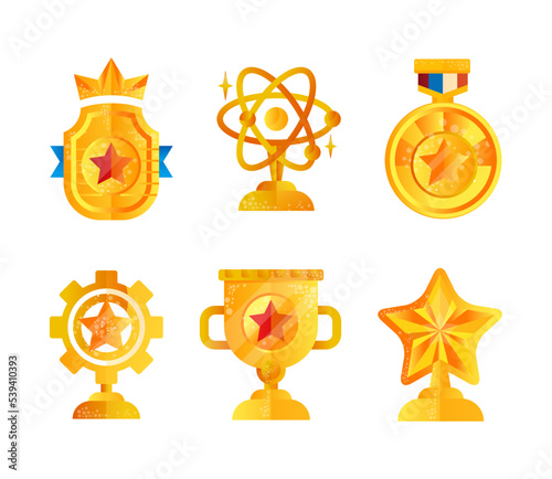 Golden Cups and Awards as Achievement Trophy for Winners Vector Set