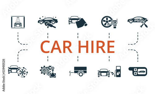 Car Hire icon set. Monochrome simple Car Hire icon collection. Wash, Car Polishing, Car Wrap Film, Inflate Tire, Body Paint Repair, Air Condition, Gear Box, Car Trailer, Refuel Car, Keyless Car Access