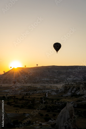 Landscape of the love valley in cappadocia with the silhouette of hot air balloons flying at dawn.