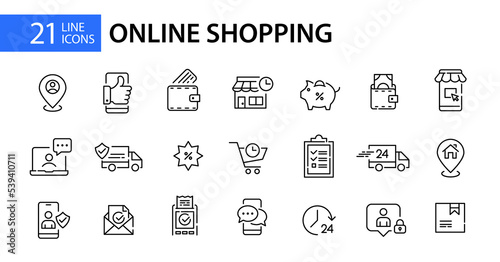 21 online shopping icons. Delivery, mobile app, shopping cart and promotion. Pixel perfect, editable stroke design