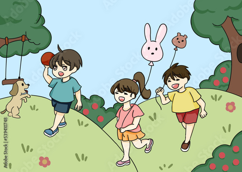 hand draw children illustration with children playing outdoors with balloons and dogs