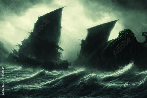 Bild auf Leinwand dark fantasy scene showing cthulhu the giant sea monster