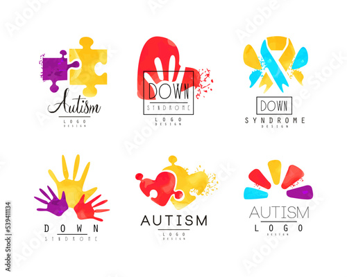 Autism and Down Syndrome Abstract Emblems with Puzzle and Bright Hand Palm Vector Set
