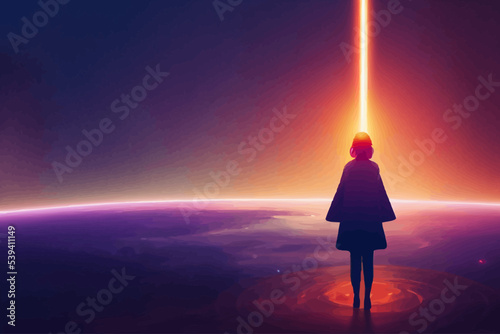 futuristic woman standing under glowing light