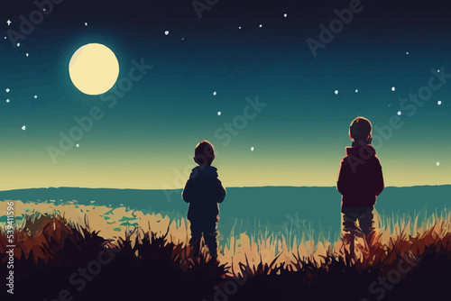 night scene of two brothers outdoors little boys, moon, new ocean