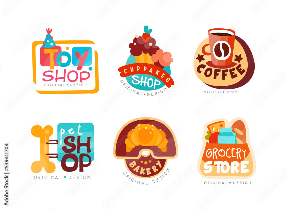 Bright Design for Toy, Cupcake, Coffee. Bakery, Pet and Grocery Shop Vector Set Bright Design for Toy, Cupcake, Coffee. Bakery, Pet and Grocery Shop Vector Set