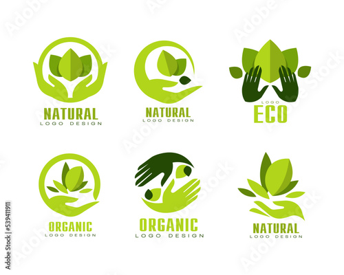 Organic and Eco Logo Design with Green Leaf and Hand Vector Set
