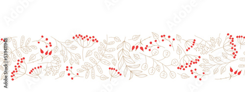 Natural seamless border with red Berries and twigs. Floral horizontal winter vector Design for wallpaper, wrapping, scrapbooking, manufacturing. Merry Christmas, Happy New Year Repeated background