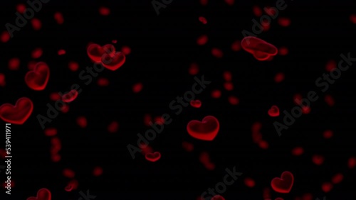 Soft jelly like hearts floating against black background. love, valentines day backdrop. 3d animation