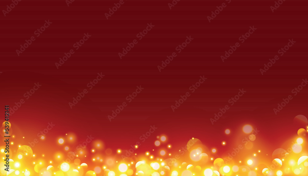 Bokeh with golden flashes light on red background. Vector luxury design for banner, poster or holiday card decoration.