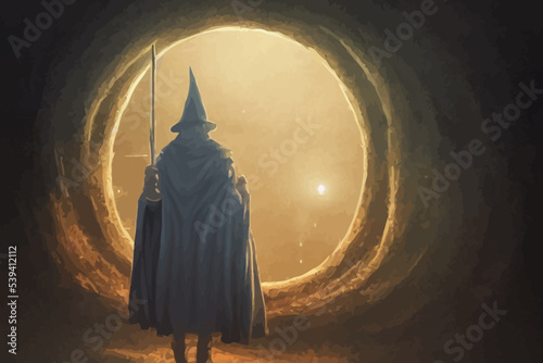  the wizard holds his wand standing at the circle gate.