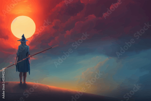 wizard with a magic wand standing on the hill