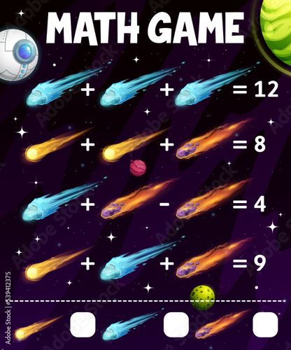 Starry galaxy galaxy space with asteroids and comets, math game worksheet. Cartoon vector educational quiz teaser, puzzle for counting and mathematics skills development. Numeracy riddle for kids