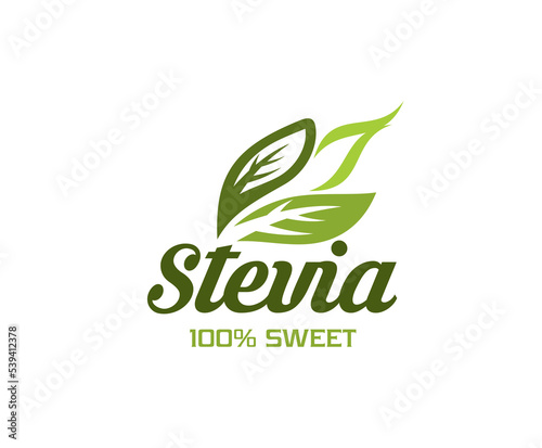 Stevia leaves icon, natural sweetener and sugar free substitute, isolated vector. 100 percent sweet organic stevia leaf condiment for sweet drinks with zero calories and healthy herbal sweetener