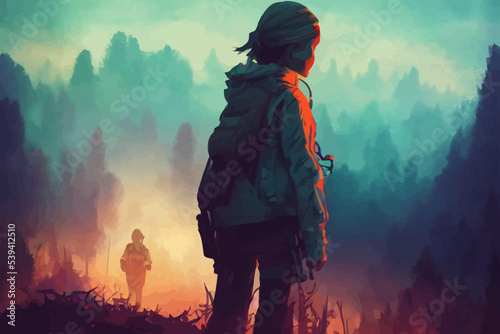 young survivor in the apocalyptic world vector art