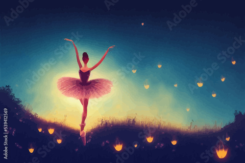 a ballerina dancing with fireflies on the hill