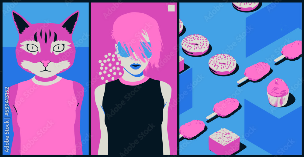 Fashion minimal illustration collage set. Fashion girl and Kitty