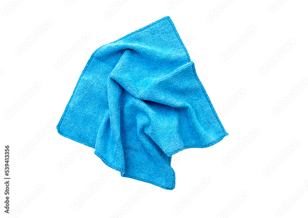 Blue rag, microfiber cloth for household, kitchen. Top view, isolated on white background