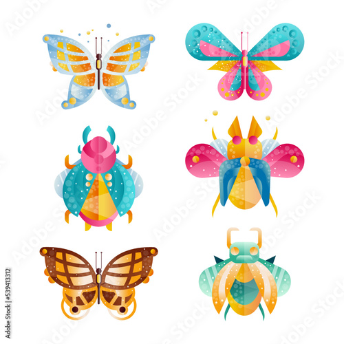 Bugs  Beetles and Butterfly Colorful Insect with Wings and Symmetrical Shape Flat Vector Set