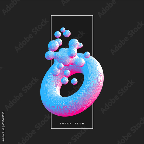 Torus, sphere and some organic structure. Element for design made of cubes. Voxel art geometric primitive. Futuristic style.3D vector illustration for flyer, presentation, brochure or cover.