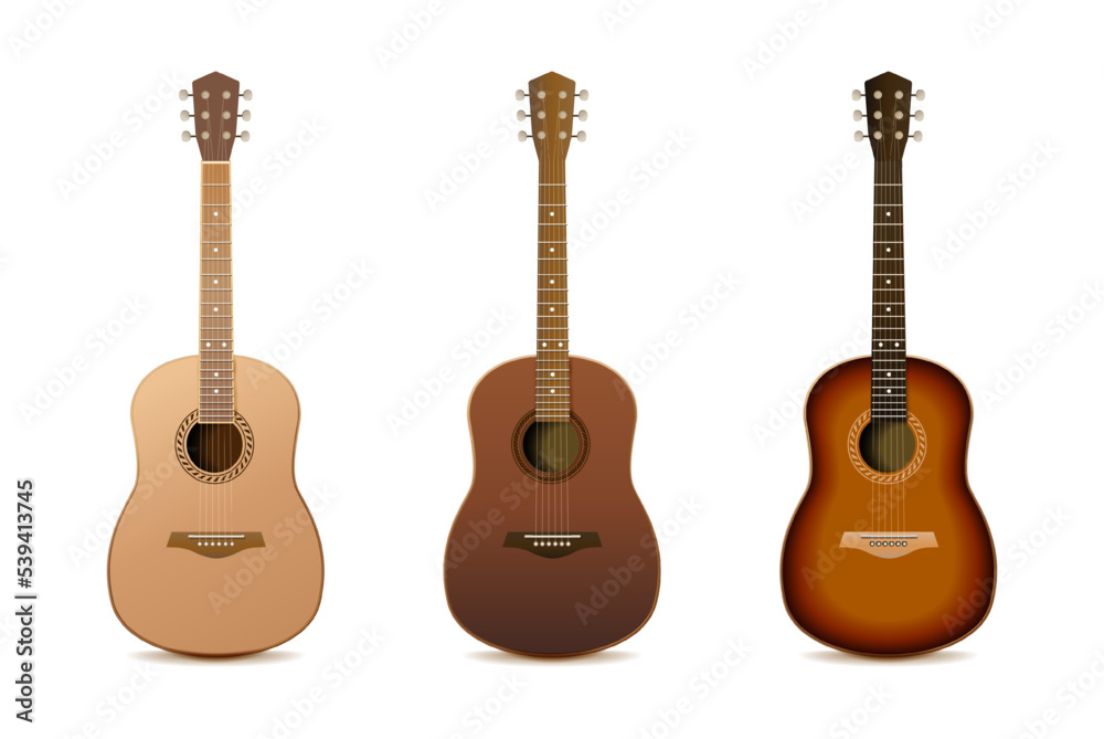 Naklejka premium 3d realistic vector icon. collection of acoustic dark wooden guitars. 